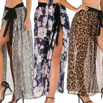 

Women's Summer Sexy Leopard Printed Chiffon Transparent High Waist Side Split Bow Tie Beach Cover Up Long Skirts Plus Size#p3