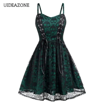 

UIDEAZONE Vintage Gothic Lace Patchwork Women Spaghetti Strap Dress Goth Vampire Witch Dresses Medieval Renaissance Cosplay