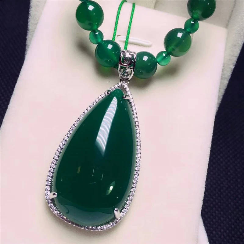 LETSFUN Fine Jewelry 925 Серебряный инкрустированный Натуральный Зеленый Халцедон подвеска в форме капель воды ожерелье свитер цепь Подарки