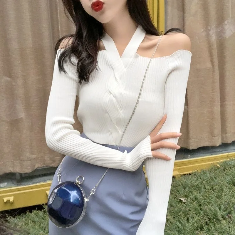 Female knitted Women's Casual Off Shoulder V-neck Blouse Ladies Summer Sexuality long Sleeve halter Crop Tops Short Shirt
