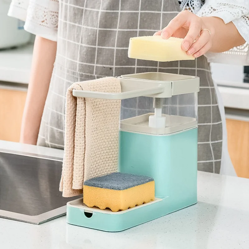 Multifunction Soap Pump Dispenser Cleaning Liquid Container Sponge Holder Dishcloth Towel Rag Hanger Drain Organizer