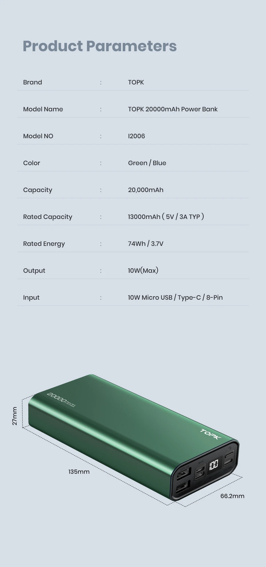 TOPK I2006 Power Bank 20000mah Phone Charger Portable Powerbank Rechargeable External Battery Usb Charger for Xiaomi Poco Realme 12v power bank