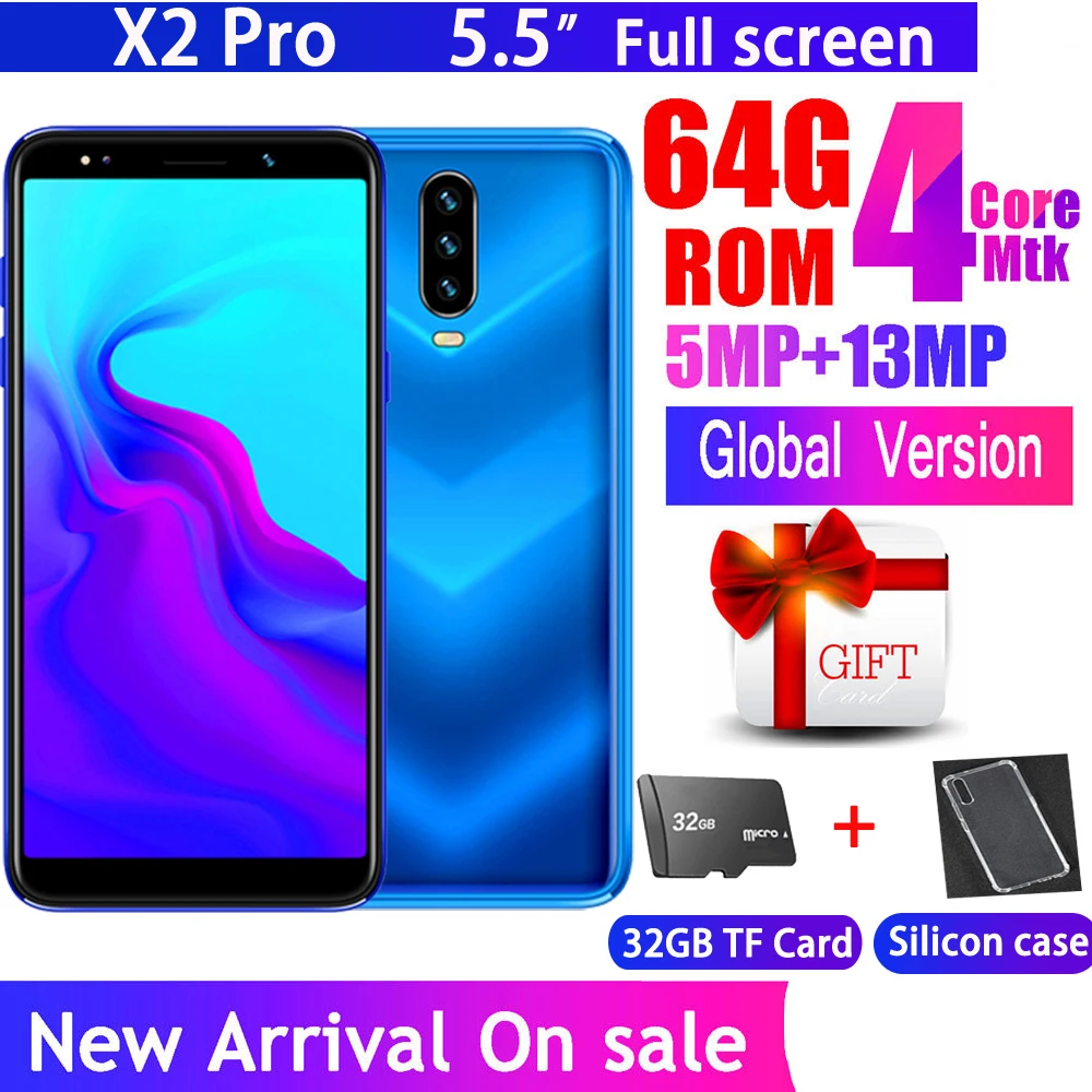 

New X2 Pro 4GB RAM 64GB ROM mobile phones android MTK6580 quad core celular 5.5"HD screen 13MP camera Face ID Smartphone