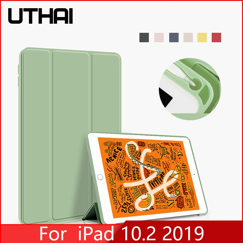 UTHAI E012ss для ipad 10,2 чехол, с держателем ручки, 7-го поколения ТПУ Мягкий силиконовый чехол, может автоматически спаться/пробуждать