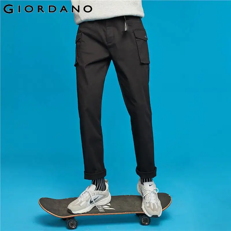 Giordano Men Pants Mid Waist Stretchy Cargo Pants Zip Fly Solid Trousers Full Length Pantalones Hombre 13119807