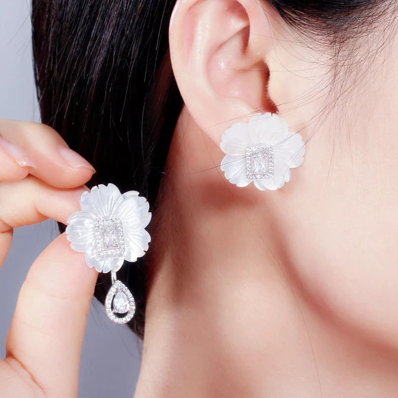 CWWZircons Natural Designer Shell Flower Cubic Zirconia Stone Big Long 585 Rose Gold Drop Earring for Women Trendy Jewelry CZ624