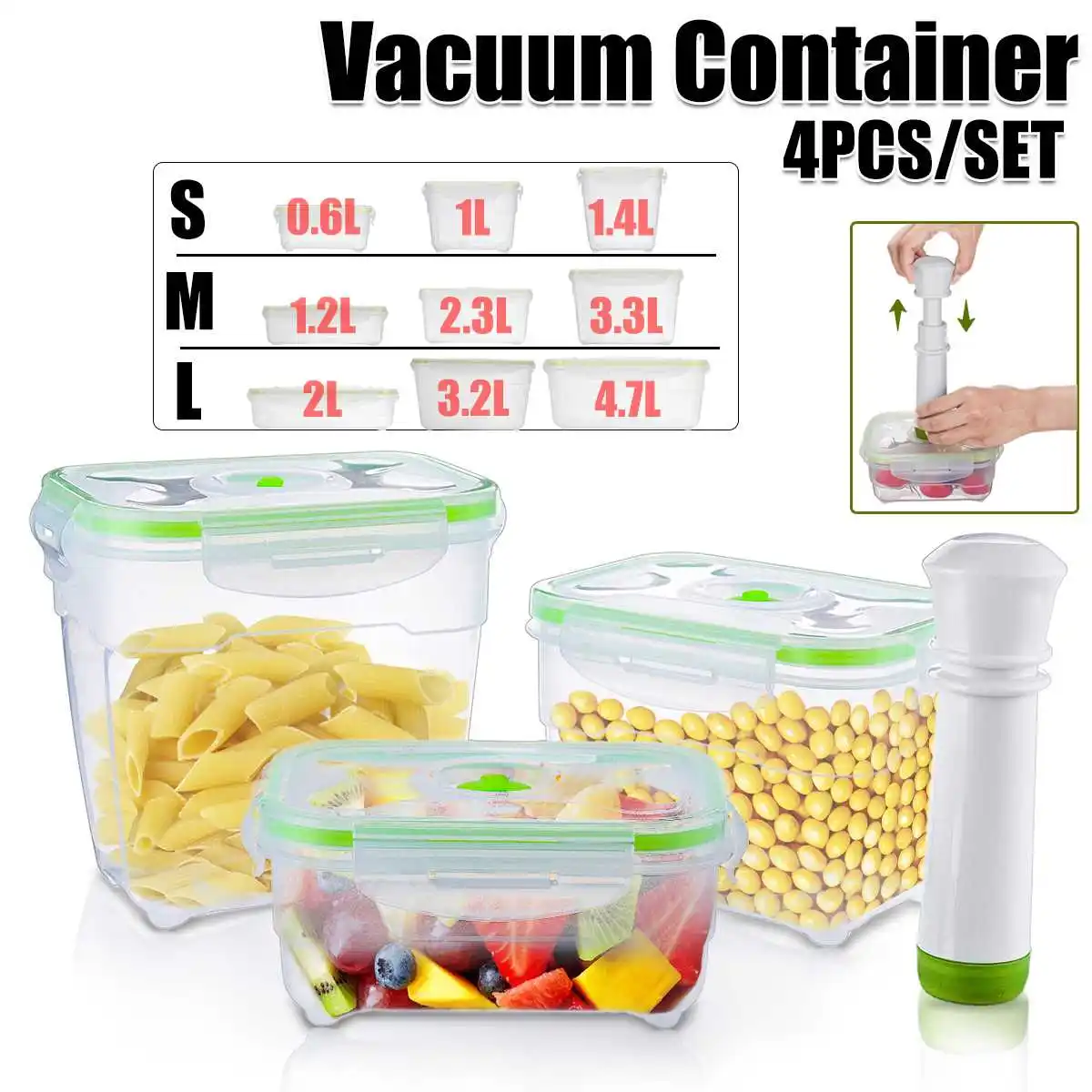 

4Pcs/set Vacuum Container With Vacuum Pump Vacuum Preservation Box Refrigerator Kitchen Microwave Oven Large Capacity 0.6L-4.7L