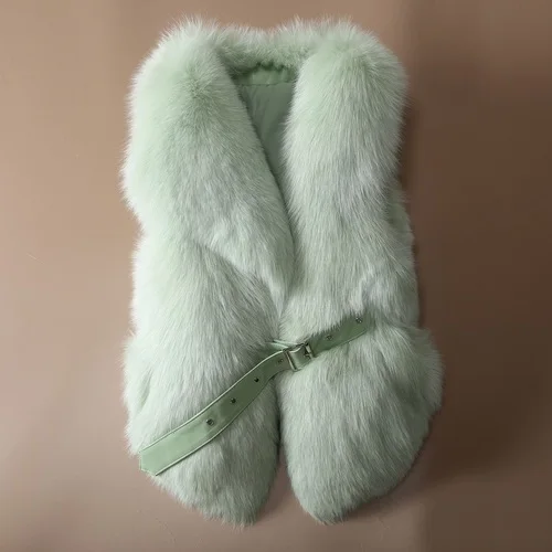 light green OFTBUY жилет из натурального Лисьего меха Повседневная женская зимняя безрукавка v-образный вырез пальто из натурального меха толстый теплый пояс уличная верхняя одежда - Цвет: light green