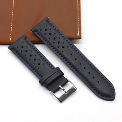 Vintage Handmade Racing Leather Watch Strap - Breathable Porous Design in Gray, Black, Brown, and Blue - 22mm (Dark blue)