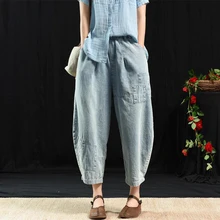 Женские джинсы размера плюс, художественный стиль, пэтчворк, хлопок, деним, шаровары, универсальные, повседневные, эластичный пояс, винтажные джинсы S487