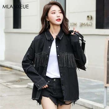 

Solid Beading Tassel Long Denim Jacket Women Fashion Patchwork Spring Autumn Jeans Coats Female Casual Long Sleeve Loose Outwear