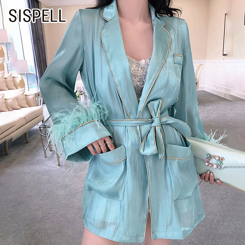 

SISPELL Patchwork Feather Coat Female Long Sleeve High Waist With Sash Lace Up Women's Jacket 2019 Autumn Fashion Clothing New