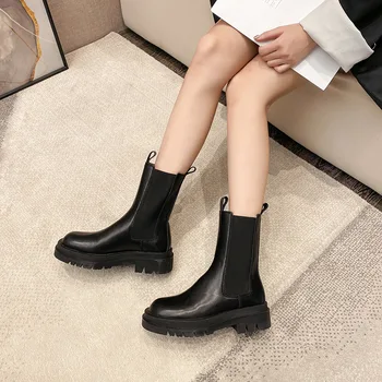 

Boots Women Fall and Winter Vintage Thick Warm black genuine Leather Female Shoes Korean Office Basic Botas Dr Muje