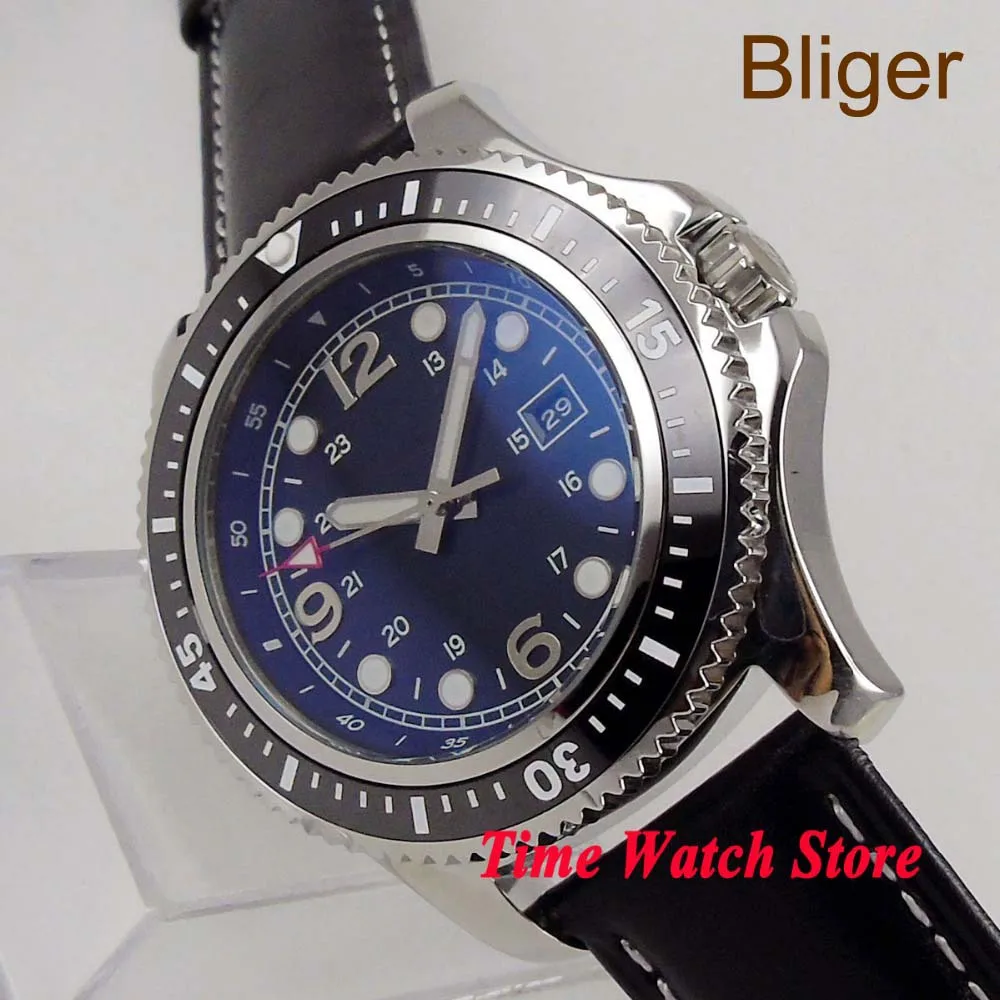 

Bliger Solid 44mm sterile Miyota8215 Automatic men's watch black dial luminous date display ceramic bezel leather strap