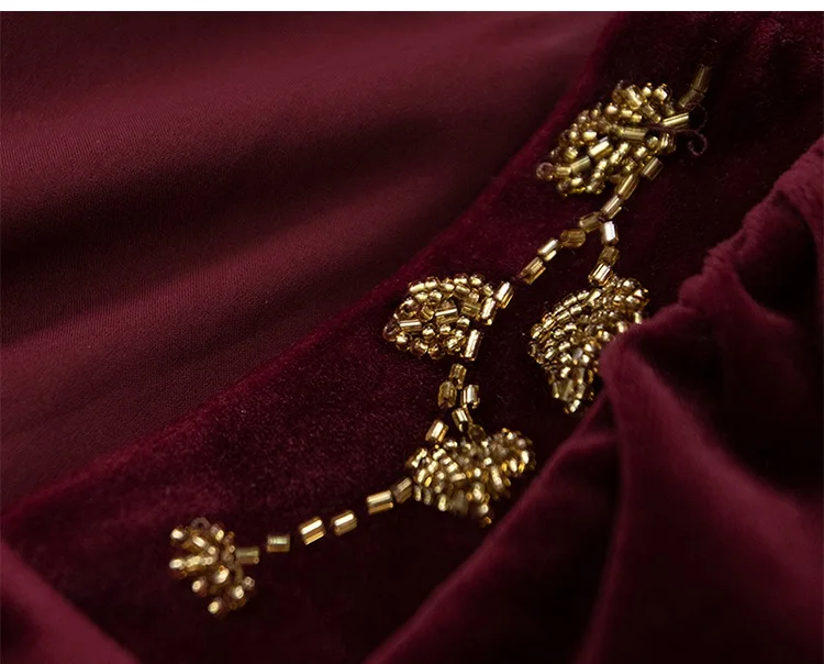 Линетт's chinoiseroy весна осень дизайн для женщин Французский Винтаж Вышивка бисером тонкий красный бархат Длинные платья
