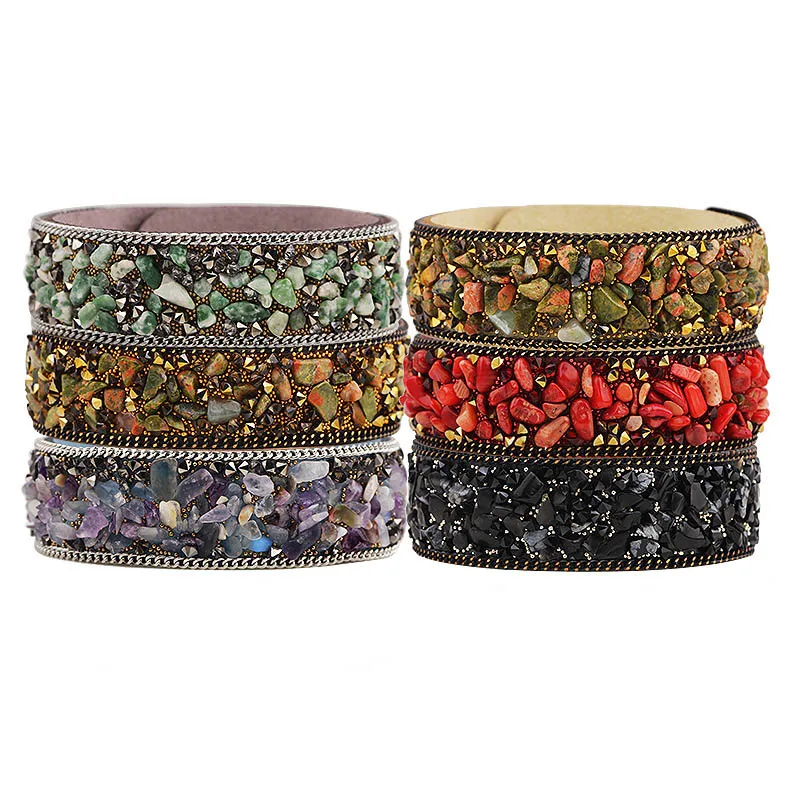 Bracelet Jewelry Stone Bracelets For Women Wrap Cuff Slake Leather Bracelets With Crystal Rhinestone Couple Nature Bangles