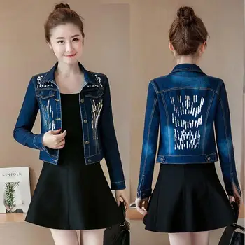 

Sequins Denim Jacket Women Cowboy Coat New 2020 Cowboy Jackets Women Denim Coats Spring Autumn Short Slim Female Outerwear Blue