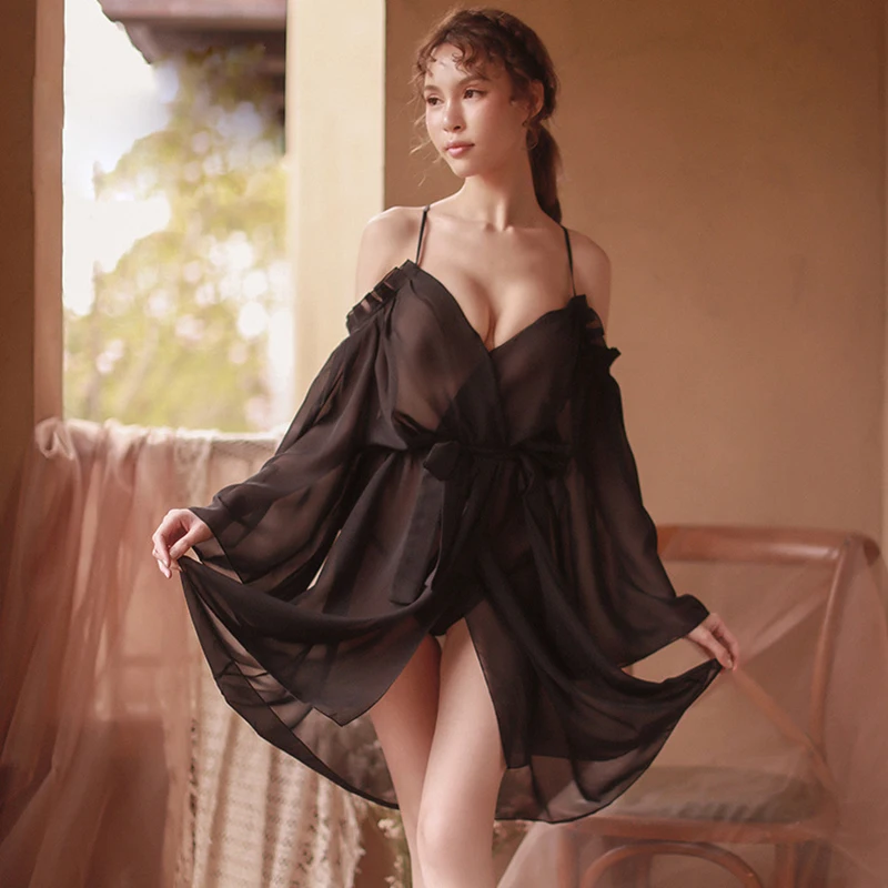 

Women Clothes 2019 Autumn Low-cut Off-the-shoulder Long-sleeved Perspective Straps Nightgown Nightdress Set Pyjamas Women