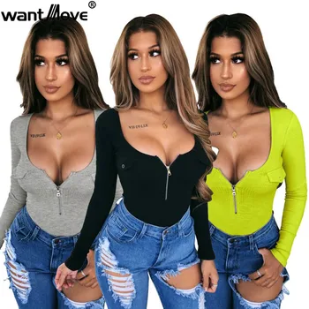 

2019 autumn 3 Colors bodysuit Wantmove sexy front zipper bodycon solid club women onesize bodysuit WM1026