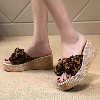 

Womens Slippers Summer Wedges Bottom Bow Leopard Casual Beach Walk pantuflas mujer claquette femme chaussure ciabatte donna