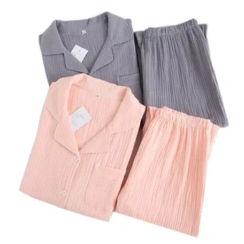 

Spring autumn Couples pajamas sets women 100% crape cotton pijamas pure color simple women indoor pijamas mujer sleepwear