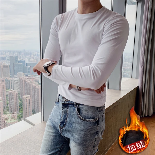 T-shirt à manches longues en velours thermique pour homme, élégant, en  peluche, noir, Slim, basique, gris, collection hiver 2022 - AliExpress