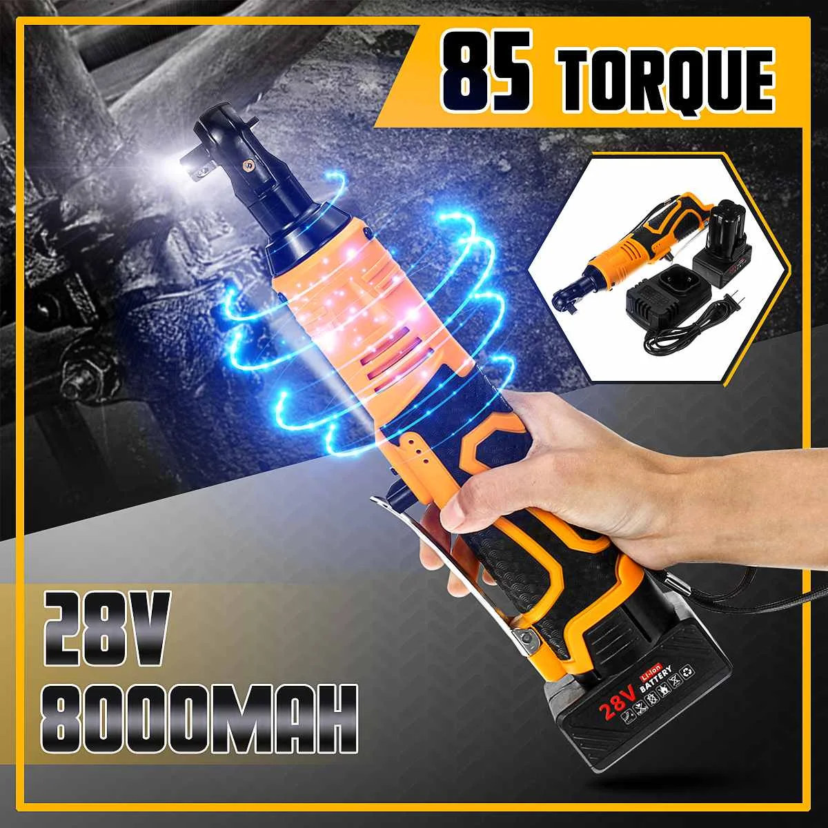 

28V 8000mAh 85N.m 3/8 LED Lighting Cordless Electric Ratchet Wrench Set with Rechargeable Li-Ion Battery