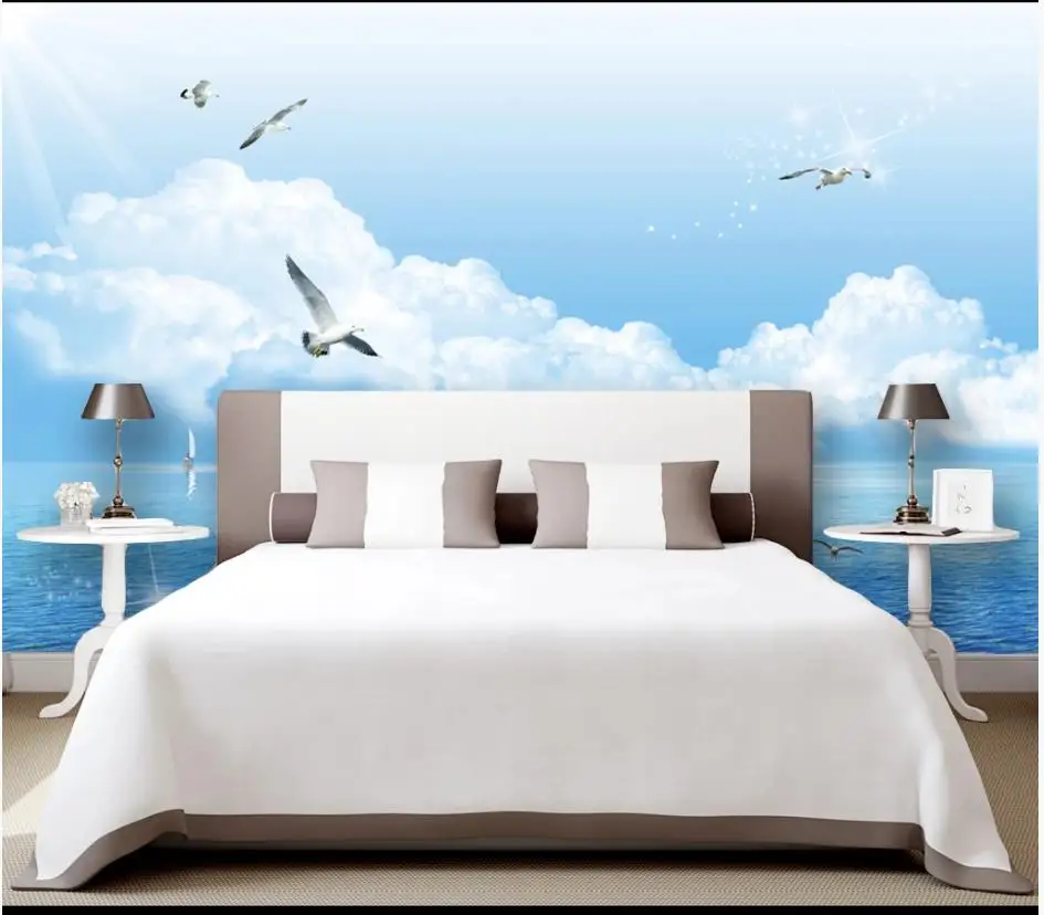 Custom photo wallpaper for walls 3 d murals New mediterranean sea blue white clouds seagull seascape background wall | Обустройство