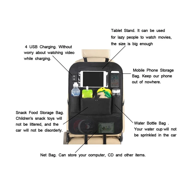 Car Seat Storage Bag Car Seat Back-Mounted Sundries Finishing Pocket 4Usb Charging Notebook Water Cup Organizer