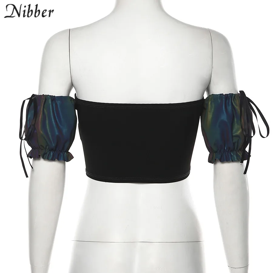 Nibber Осенняя мода цветной, отражающий кроп-топы для женщин, пикантные Клубные вечерние Светящиеся в темноте одежда с открытыми плечами футболки mujer