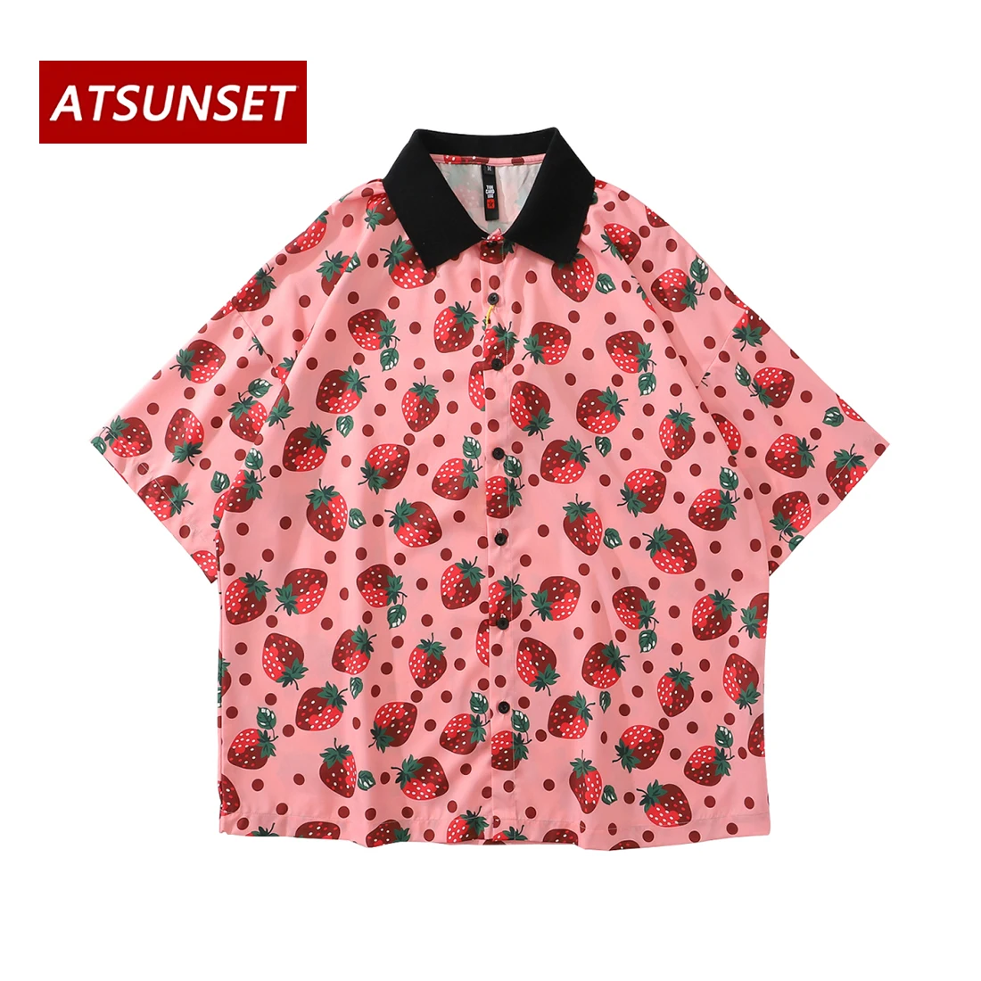 ATSUNSET Fruit Strawberry Full Print Shirt Hip Hop Streetwear Harajuku Shirt Hawaiian Short Sleeve Cotton Fashion Tops