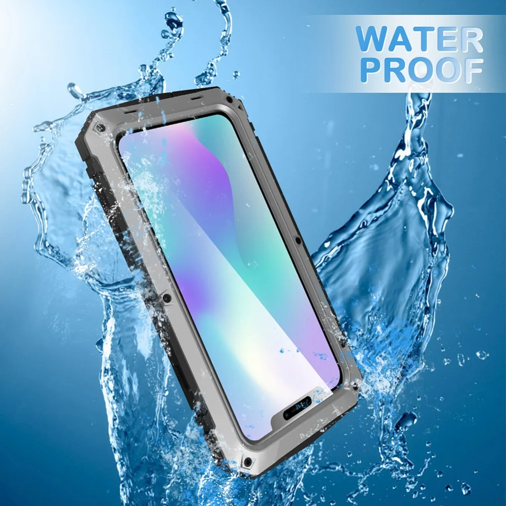 For iPhone 11 Pro Max XS XR XS Max X Metal Aluminum Armor Shockproof Heavy Duty Waterproof Case protective Cover+Tempered glass (35)