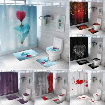 

Valentine's Day Love Print Toilet Bathroom Mat And Shower Curtain Four-Piece Set household merchandises accessories for bathroom