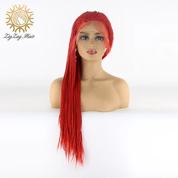 

ZigZag Red Color Twist Braided Wigs Synthetic Lace Front Wig for Black Women with Baby Hair Braids Wig Heat Resistant Fiber Hair