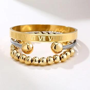 

Fashion Bead Bracelet Sets Stainless Steel Men Women Roman Numerals Open Cuff Bangle 3 Pcs/set Jewelry Gift