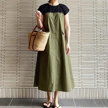 

Casual Plain Women Long Dress Korean Janpan 2020 Patchwork Femme Vestiods Daily A Line Dresses High Waist Maxi Dress