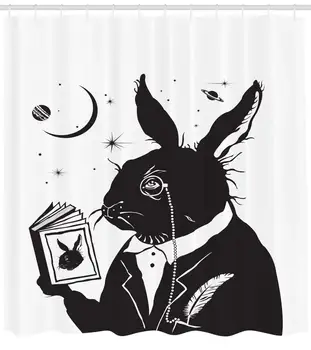

Bunny Shower Curtain Old Rabbit Silhouette Reading a Book with Stars and The Moon in The Backdrop Bathroom Decor