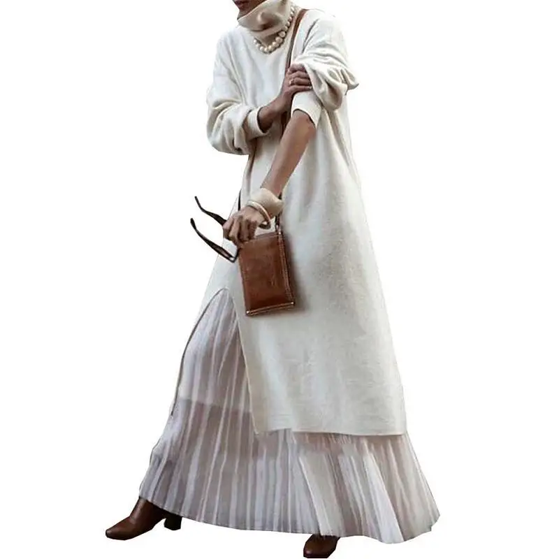 Women's 2020 Fall/Winter High Neck Long Sleeve Knit Dress White Loose Temperament Sweater | Женская одежда