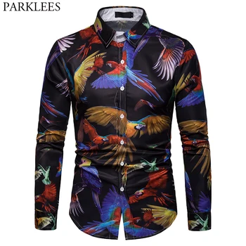 

3D Parrot Bird Print Luxury Shirt Men 2020 Brand New Slim Fit Long Sleeve Tuxedo Shirts Mens Streetwear Show Prom Chemise Homme