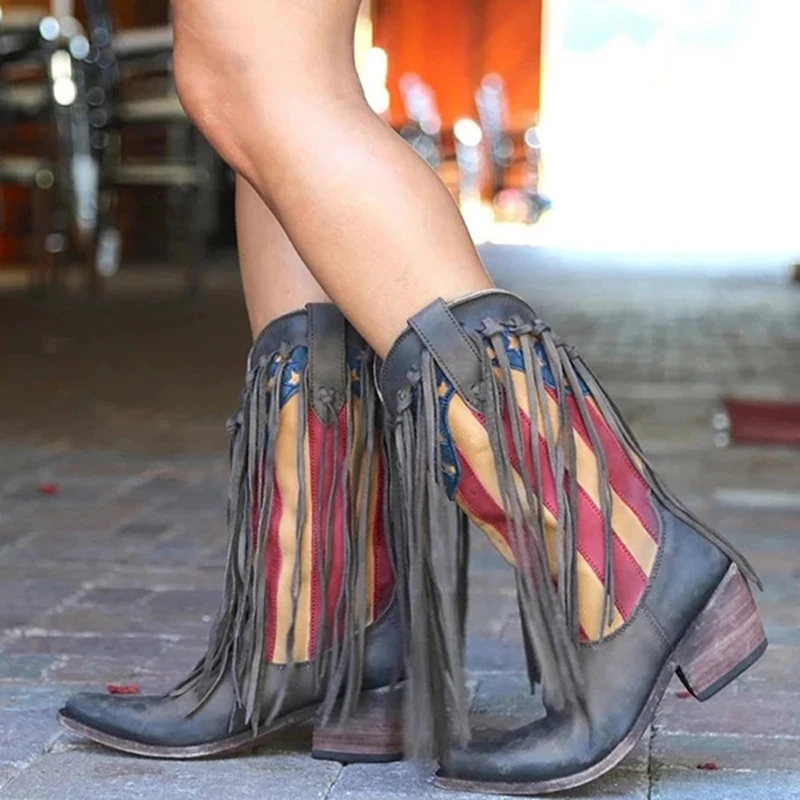 Ботинки в стиле ретро; женские Ботинки на каблуке в богемном стиле; ковбойские ботинки из искусственной замши с бахромой; женские резиновые сапоги на низком каблуке