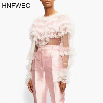 

Patchwork Mesh Shirt For Women O Neck Flare Sleeve Lace Hollow Out Perspective Elegant Blouse Female 2020 Fashion New Style K606