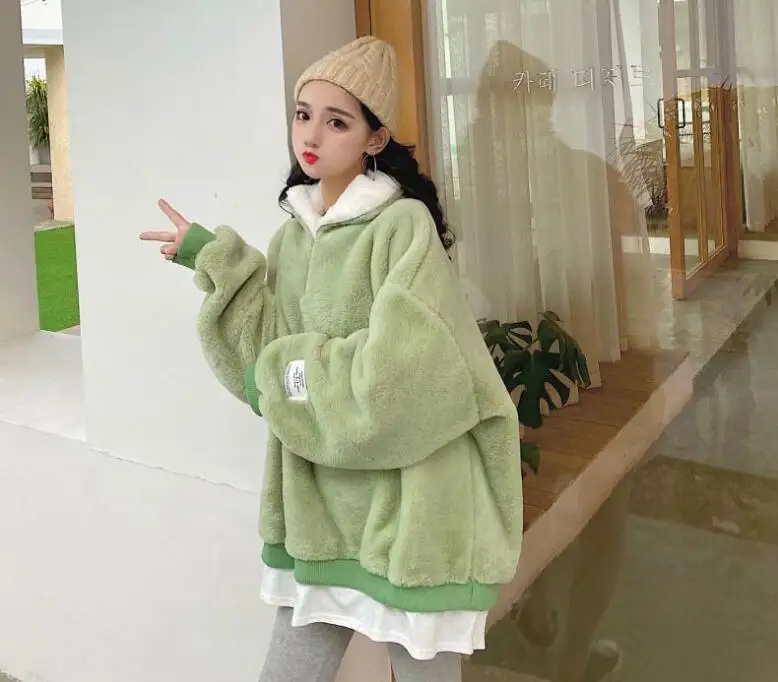 Осень и зима корейский стиль Harajuku Свободный пуловер со стоячим воротником поддельные из двух частей толстовка женская