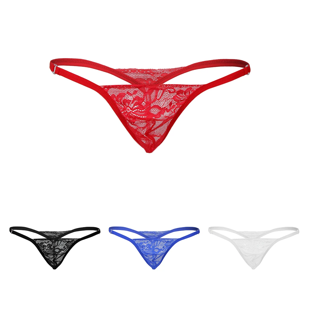 Men's Hot Red Lace Flower T-Back Underwear Low-rise Man Bikini G-String Thong Briefs Gay Apparel
