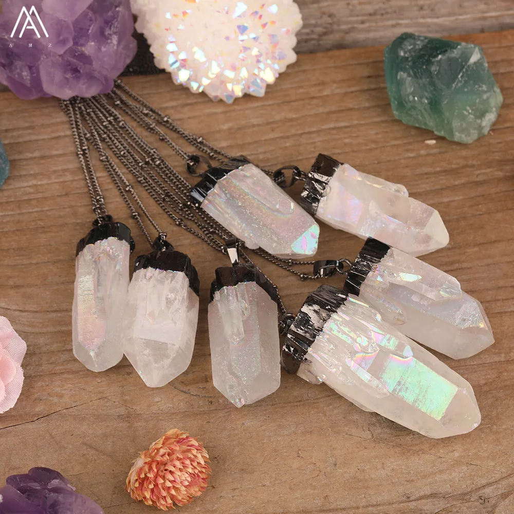 Titanium AB Natural White Quartz Irregular Point Pendant Gold Chains Necklace For Women Quartz Crystal Beads Adjustable Necklace