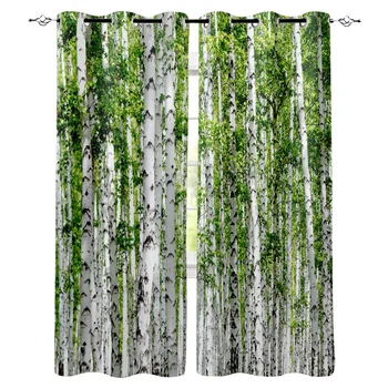 

Birch Forest Tree Green Leaves Plant Curtains Window Living Room Curtains Kitchen Indoor Window High Blackout Curtain Thick