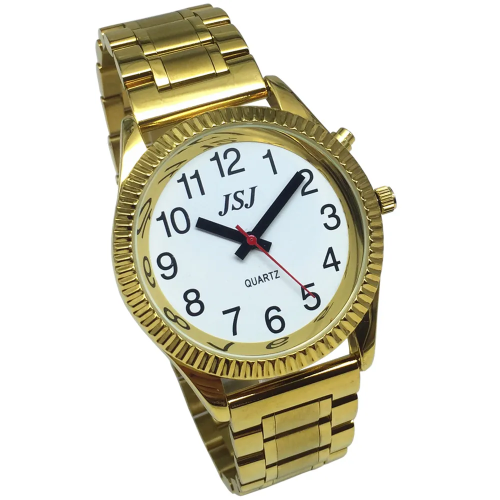 Relógio com Função de Alarme Data e Hora Inglês Falando Mostrador Branco Fecho Dobrável Case Dourado Tag-208