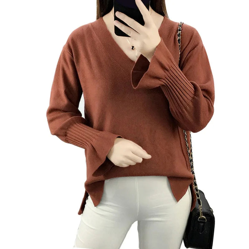 Women Sweater Pullovers Korean Solid Color V-neck Sweater Women Loose Trumpet Flare Sleeve Sleeve Sweater Split Clothing