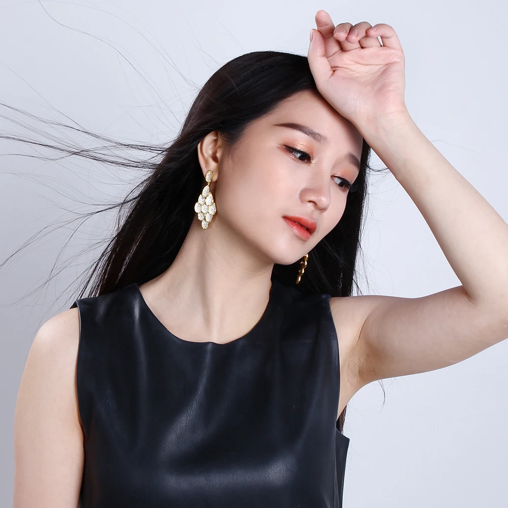 long zirconia leaf earrings