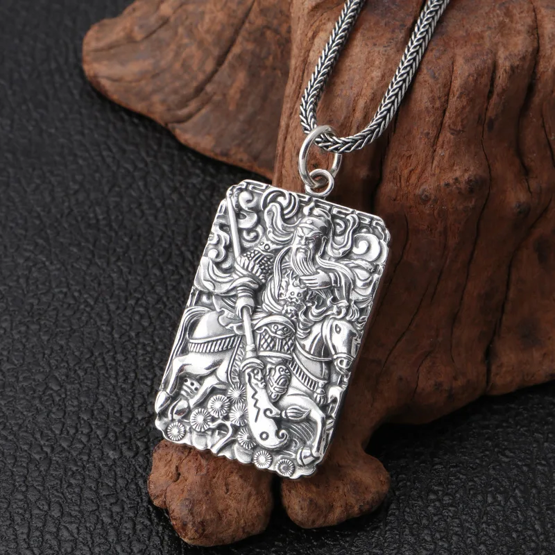 

the Three Kingdoms God of war Guan Yu Engraving Personalized Square Bar Necklace Full Silver Pendant Necklace Women/Men Gift