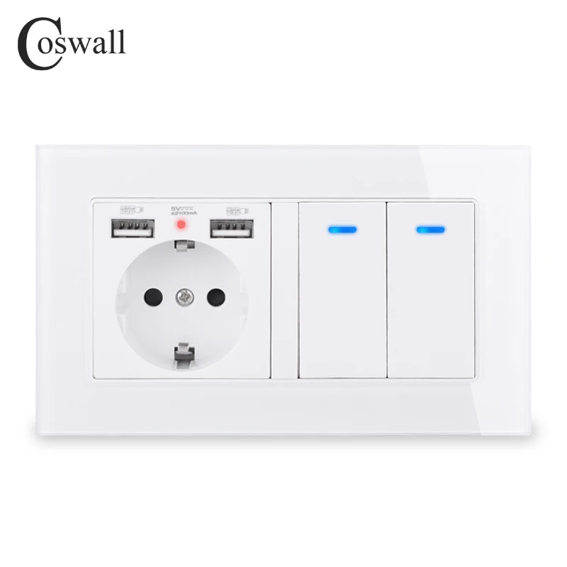 COSWALL Россия Испания стандарт ЕС розетка 2 USB порт зарядки+ 2 банды 1 способ включения/выключения света светодиодный индикатор-переключатель стеклянная панель